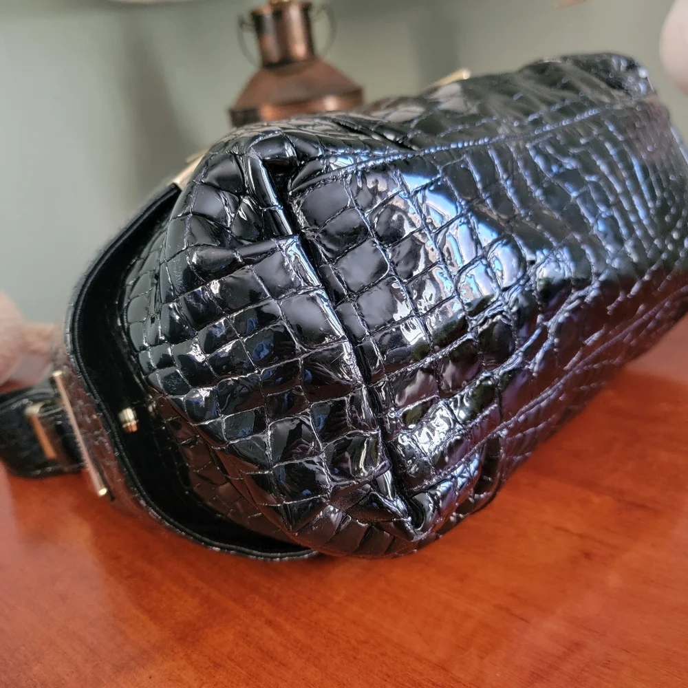 MICHAEL Michael Kors Croc Embossed Black Patent Leather Hobo Bag Y2K